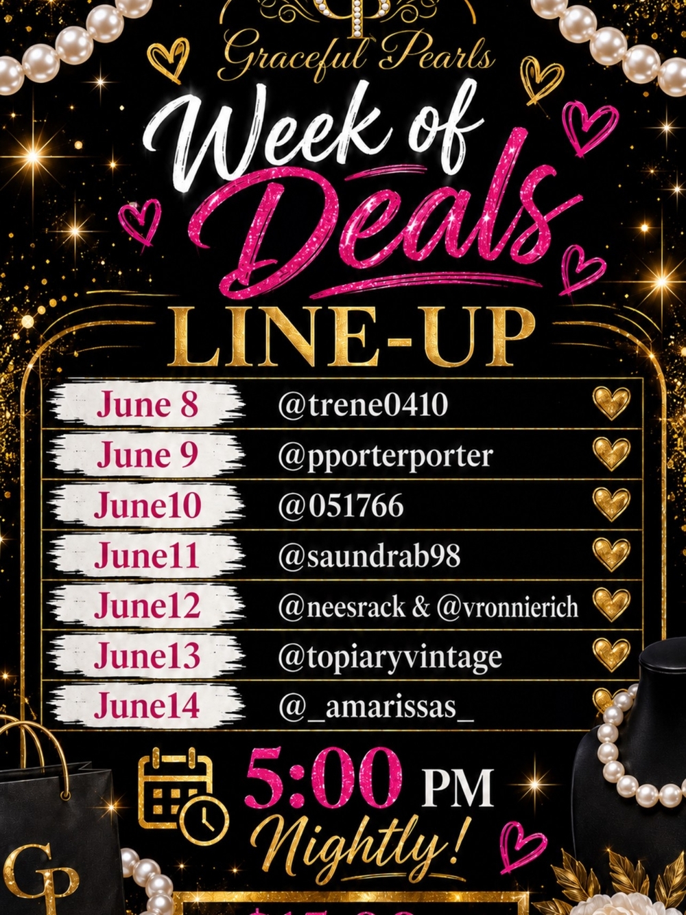 Graceful Pearls Week of Deals Promotional Poster - Black, Gold, Pink